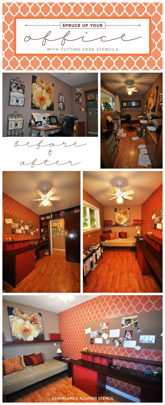 A stenciled home office makeover using the Casablanca Allover pattern from Cutting Edge Stencils. http://www.cuttingedgestencils.com/allover-stencils.html