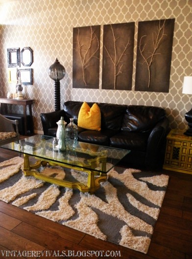 A stenciled living room makeover using the Casablanca Allover pattern from Cutting Edge Stencils. http://www.cuttingedgestencils.com/allover-stencils.html