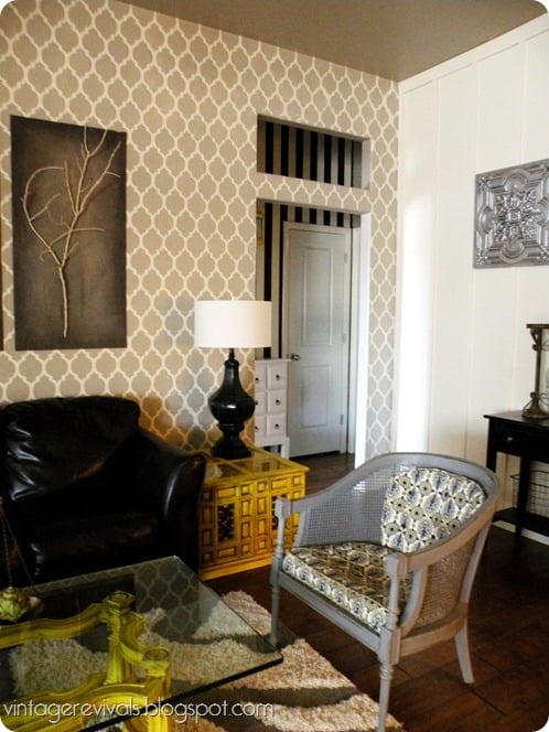 A stenciled living room makeover using the Casablanca Allover pattern from Cutting Edge Stencils. http://www.cuttingedgestencils.com/allover-stencils.html