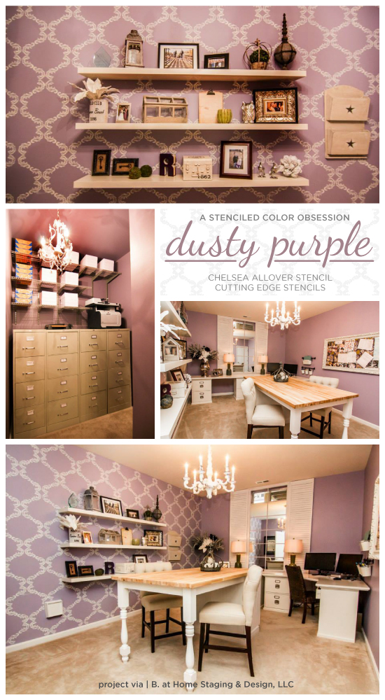 This is a purple stenciled accent wall in a home office using the Chelsea Allover Stencil. http://www.cuttingedgestencils.com/chelsea-allover-wall-pattern.htm