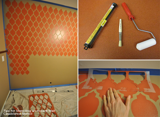 Tips for stenciling an accent wall in a small home office using the Casablanca Stencil. http://www.cuttingedgestencils.com/allover-stencils.html