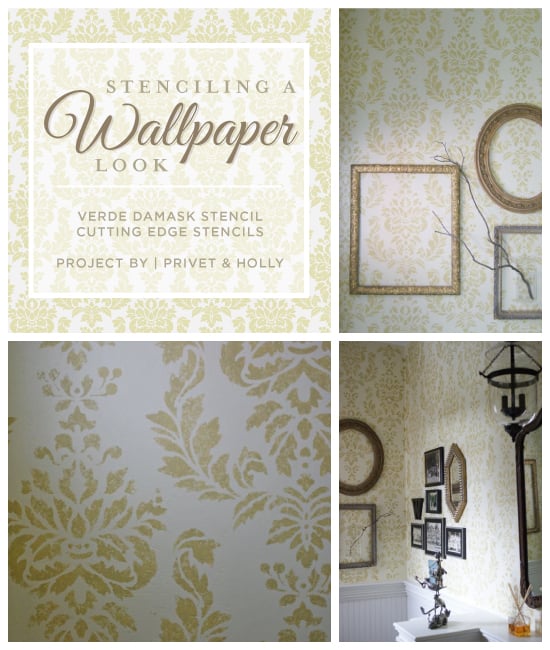 This Verde Damask stenciled powder room uses a stencil to get a wallpaper look. http://www.cuttingedgestencils.com/damask-stencil-wallpaper.html