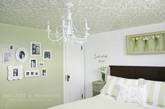 A green bedroom with a DIY stenciled ceiling using the Anna Damask pattern. http://www.cuttingedgestencils.com/damask-stencil.html
