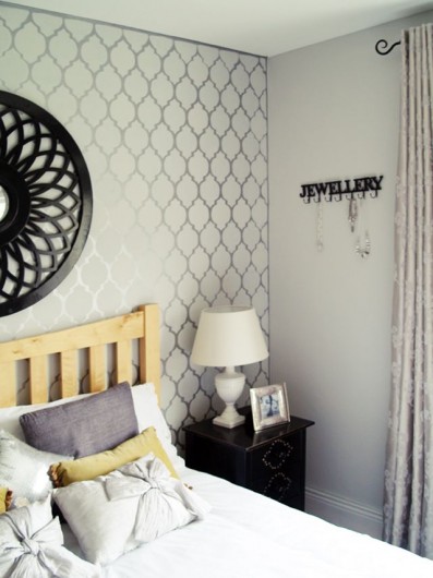 A silver stenciled bedroom using the Casablanca Allover stencil pattern. http://www.cuttingedgestencils.com/allover-stencils.html