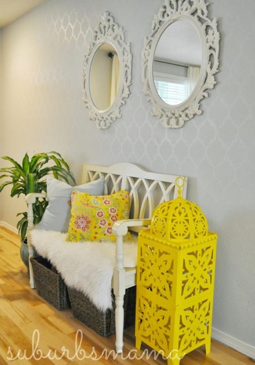 A gray stenciled accent wall in an entry using the Casablanca Allover Stencil. http://www.cuttingedgestencils.com/allover-stencils.html