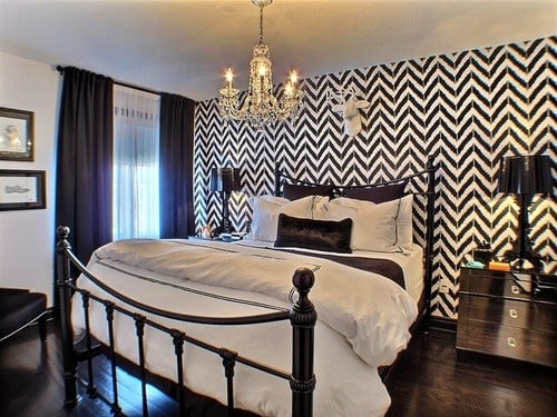 A stenciled accent wall in a bedroom using the Ikat Zig Zag from Cutting Edge Stencils. http://www.cuttingedgestencils.com/zigzag-stencil-pattern.html