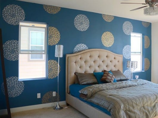 A blue Zinnia Grande stenciled bedroom. http://www.cuttingedgestencils.com/flower-stencil-zinnia-wall.html