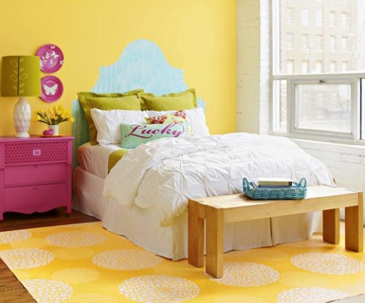 A yellow Zinnia Grande stenciled bedroom. http://www.cuttingedgestencils.com/flower-stencil-zinnia-wall.html