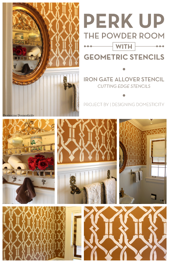 A DIY stenciled powder room using the Iron Gate pattern. http://www.cuttingedgestencils.com/stencils-allover.html