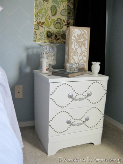 A white stenciled nightstand using the Hourglass Stencil. http://www.cuttingedgestencils.com/modern-stencil.html