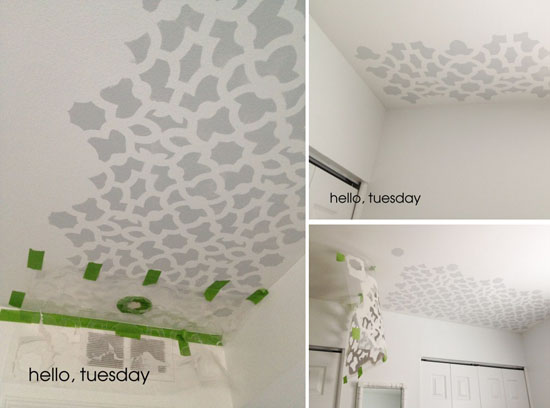 A gray stenciled bedroom ceiling using the Zamira Allover Stencil. http://www.cuttingedgestencils.com/moroccan-stencil-designs.html