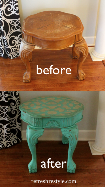 A DIY turquoise painted and stenciled side table using the Zamira Stencil. http://www.cuttingedgestencils.com/craft-stencil-zamira.html