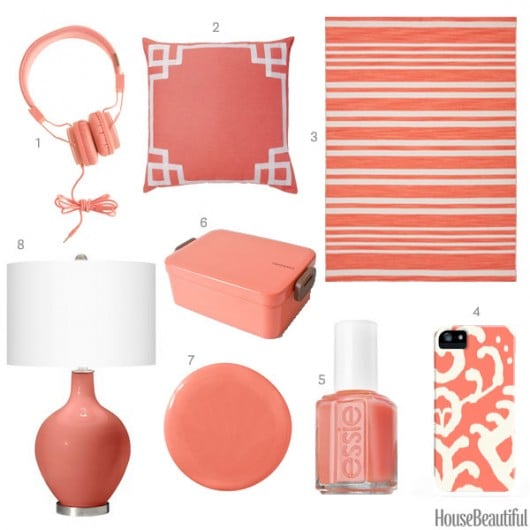 Coral pink home decor accessories spotted on House Beautiful. 
