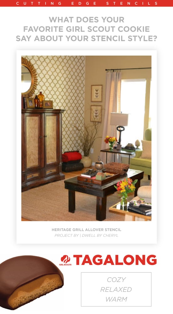 A stenciled living room using the Heritage grill Stencil pattern. http://www.cuttingedgestencils.com/heritage-grill-allover-stencil.html