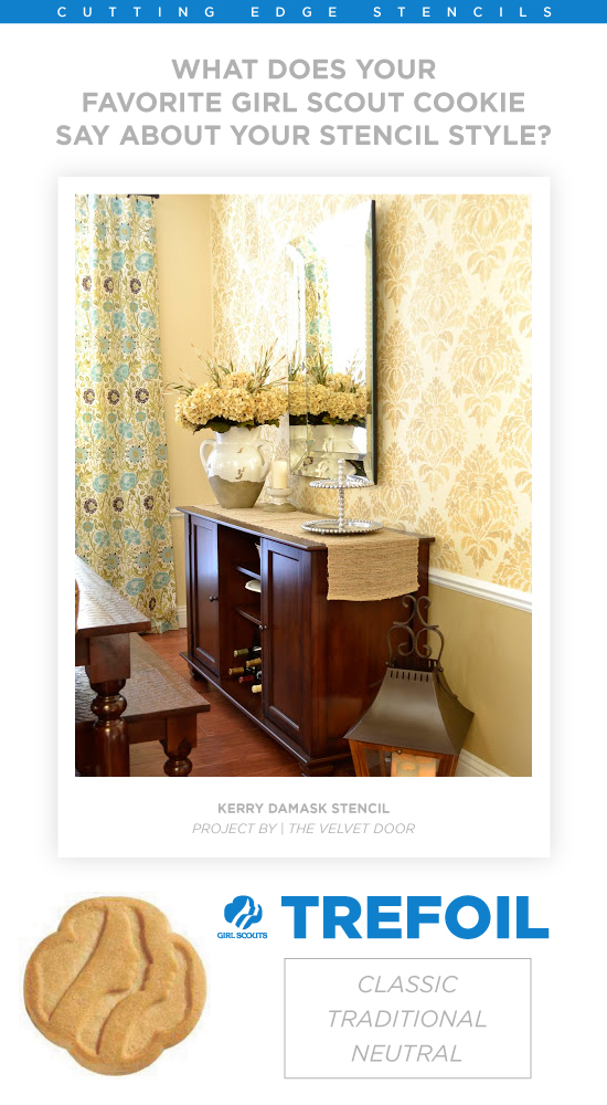 A stenciled dining room using the Kerry Damask Stencil. http://www.cuttingedgestencils.com/wall-damask-kerry.html