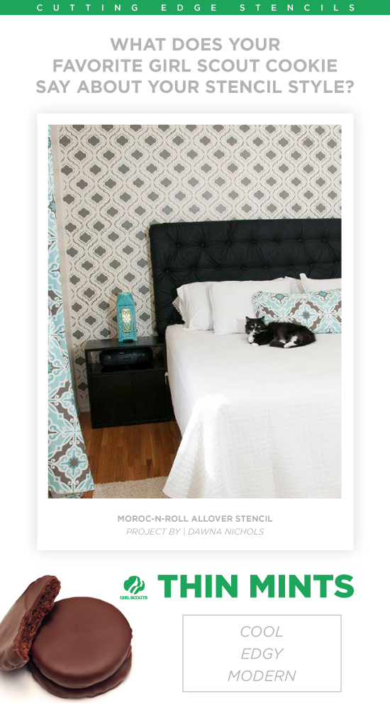 A stenciled bedroom using the Moroc-N-Roll stencil. http://www.cuttingedgestencils.com/moroccan-stencil-morocnroll.html