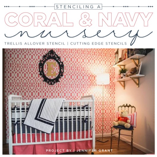 A DIY stenciled accent wall in acoral and navy nursery using the Trellis Allover pattern.http://www.cuttingedgestencils.com/allover-stencil.html