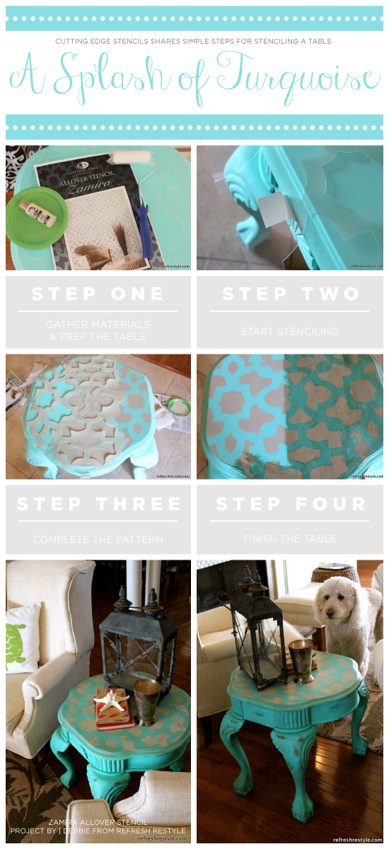 Learn how to stencil a DIY turquoise painted and stenciled side table using the Zamira Stencil. http://www.cuttingedgestencils.com/craft-stencil-zamira.html