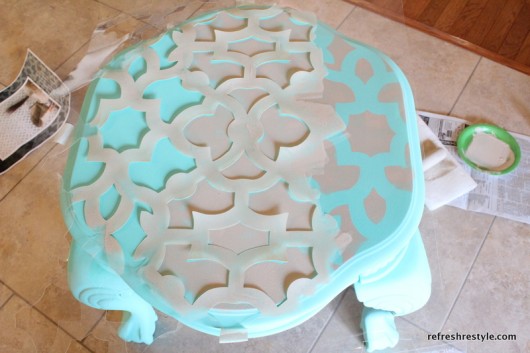 How to stencil a DIY turquoise painted and stenciled side table using the Zamira Stencil. http://www.cuttingedgestencils.com/craft-stencil-zamira.html