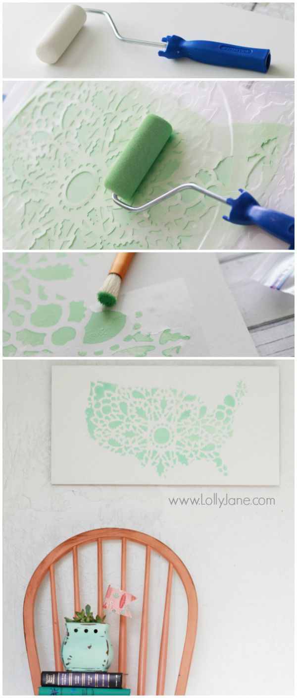 Learn how to stencil DIY wall art using the Charlotte Allover Stencil and USA silhouette. http://www.cuttingedgestencils.com/charlotte-allover-stencil-pattern.html