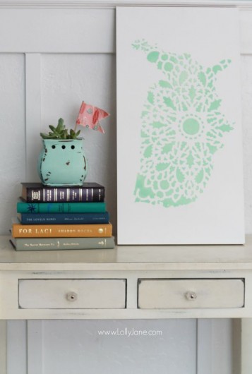 DIY stenciled wall art using the Charlotte Allover Stencil and a USA silhouette. http://www.cuttingedgestencils.com/charlotte-allover-stencil-pattern.html