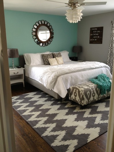 A teal, white, and gray bedroom idea from Retro Ranch Renovation.