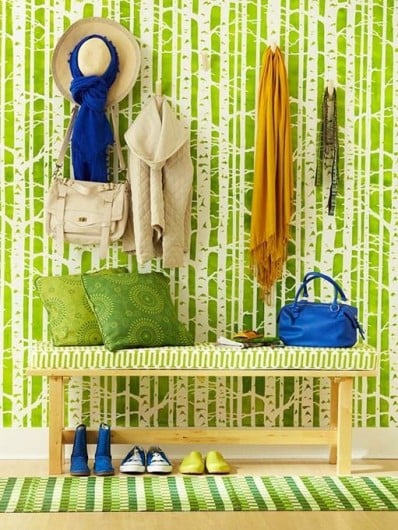 A DIY chartreuse stenciled accent wall using the Birch Forest pattern. http://www.cuttingedgestencils.com/allover-stencil-birch-forest.html
