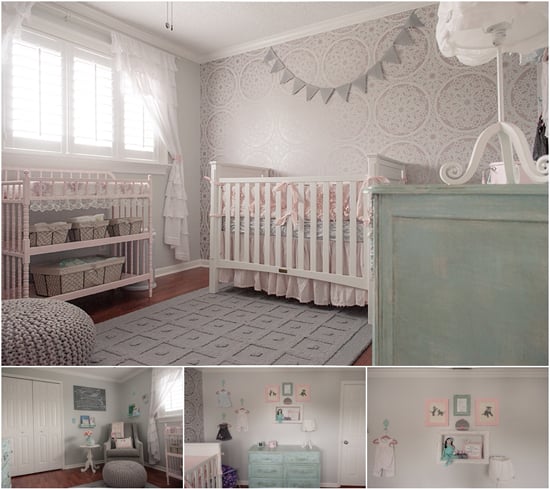 A stenciled shabby chic nursery using the lace like Charlotte Allover pattern on an accent wall. http://www.cuttingedgestencils.com/charlotte-allover-stencil-pattern.html