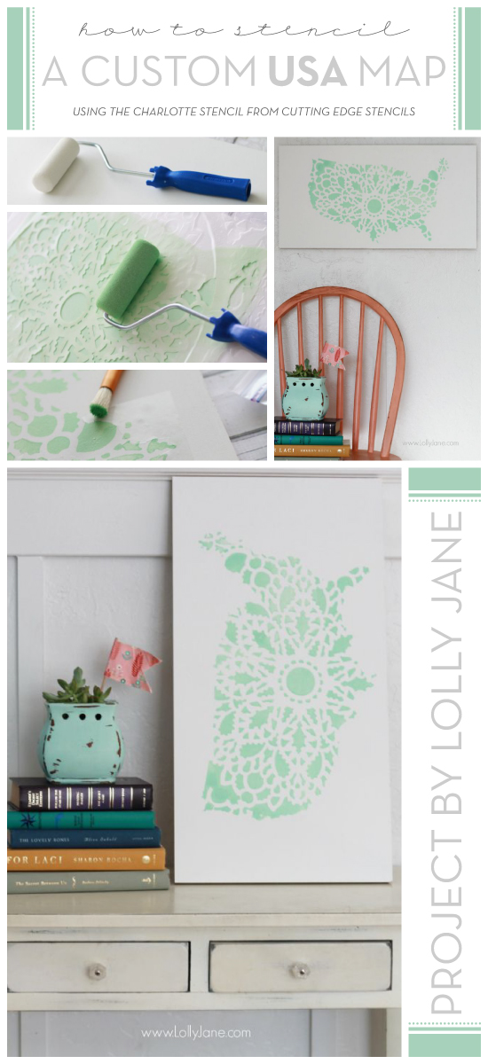 DIY stenciled wall art using the Charlotte Allover Stencil and a USA silhouette. http://www.cuttingedgestencils.com/charlotte-allover-stencil-pattern.html
