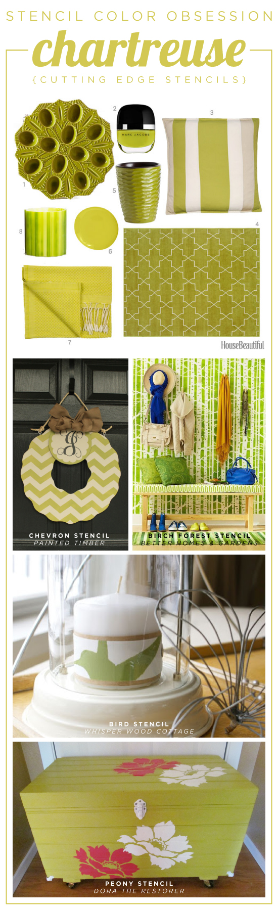 Cutting Edge Stencils shares chartreuse stenciled home decor and room ideas. http://www.cuttingedgestencils.com/wall-stencils-stencil-designs.html