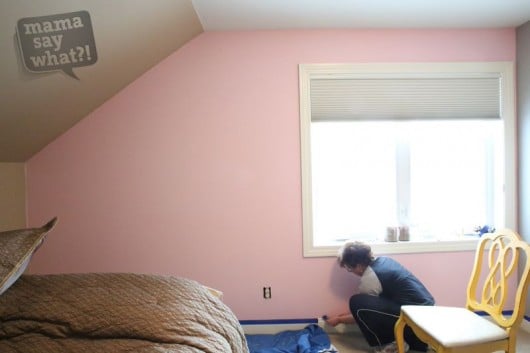 A before shot of a pink and teal stenciled accent wall in a nursery. http://www.cuttingedgestencils.com/damask-stencil-3.html