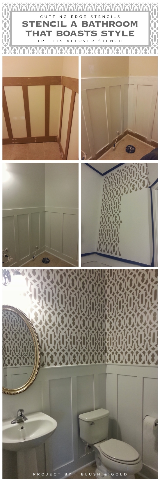 A DIY stenciled bathroom featuring the Trellis Allover pattern for a wallpaper look. http://www.cuttingedgestencils.com/allover-stencil.html