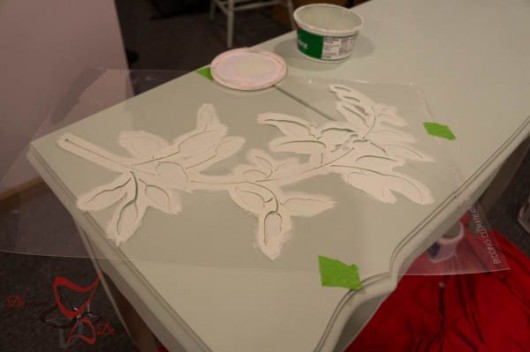 Stenciling a vanity dressing table using the Budding Clematis Stencil Kit 3pc. http://www.cuttingedgestencils.com/vine-stencils.html