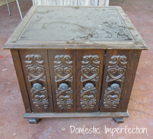 Before shot of an end table that was stenciled and transformed into a dog house. http://www.cuttingedgestencils.com/nagoya-furniture-stencil.html