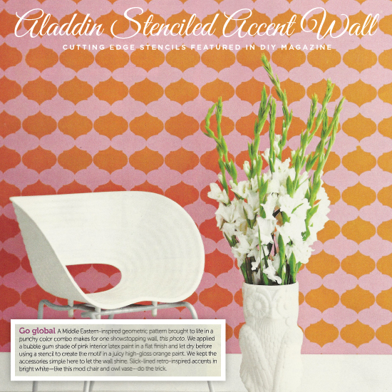 A stenciled accent wall using the Aladdin Allover stencil as seen in DIY Magazine. http://www.cuttingedgestencils.com/allover-stencil-pattern-1.html