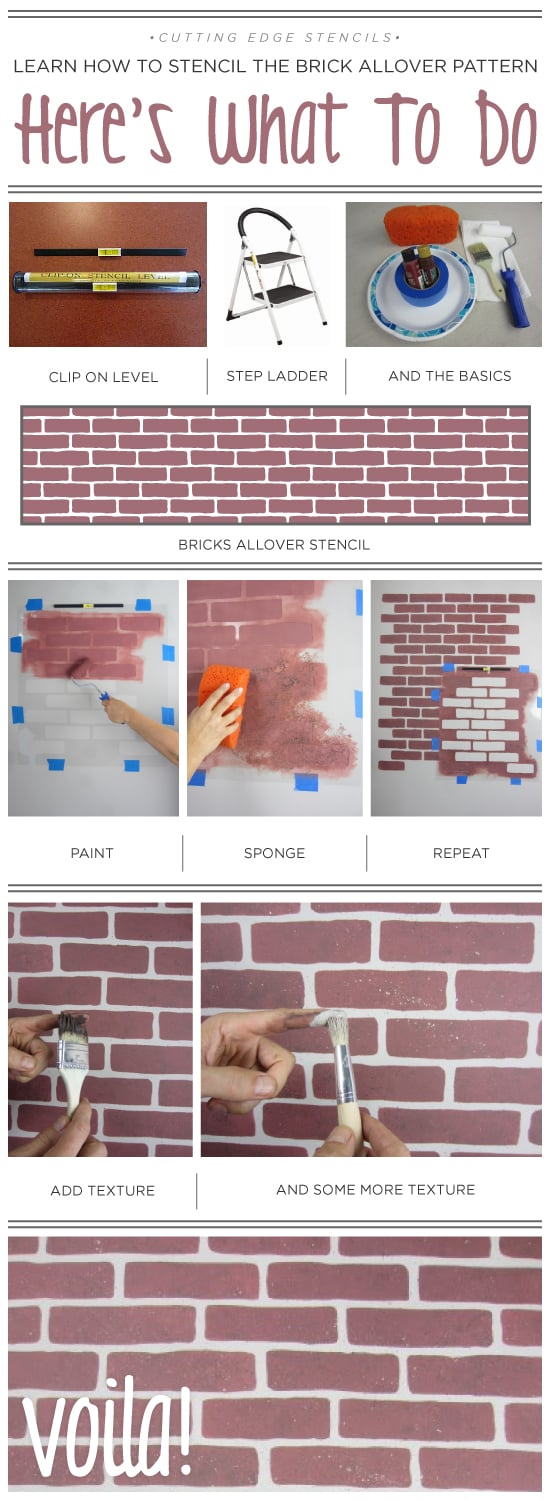 A DIY stencil tutorial using the Brick Allover pattern. http://www.cuttingedgestencils.com/bricks-stencil-allover-pattern-stencils.html