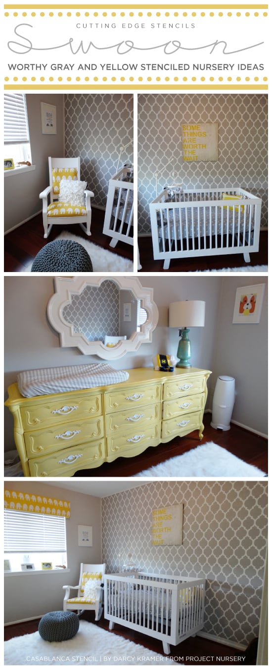 A gray and yellow nursery with a Casablanca Stenciled accent wall. http://www.cuttingedgestencils.com/allover-stencils.html