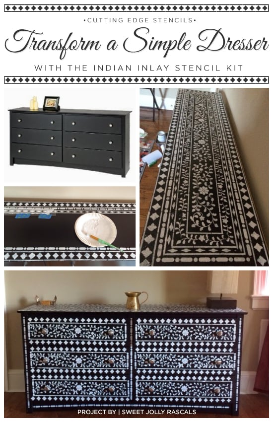 A DIY stenciled dresser using the Indian Inlay stencil kit from Cutting Edge Stencils. http://www.cuttingedgestencils.com/indian-inlay-stencil-furniture.html