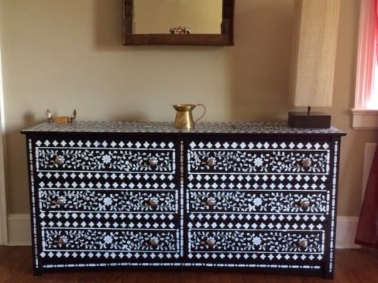 A DIY stenciled dresser using the Indian Inlay stencil kit from Cutting Edge Stencils. http://www.cuttingedgestencils.com/indian-inlay-stencil-furniture.html