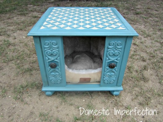 A DIY stenciled end table that was transformed into a dog house. http://www.cuttingedgestencils.com/nagoya-furniture-stencil.html