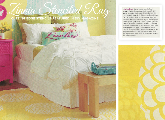 A DIY stenciled rug idea using the Zinnia Grande stencil seen in DIY Magazine. http://www.cuttingedgestencils.com/flower-stencil-zinnia-wall.html
