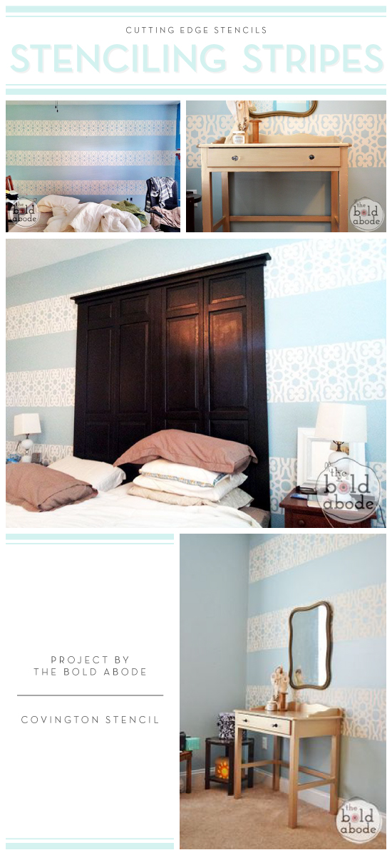 DIY stenciled stripes in a bedroom using the Covington Allover stencil pattern. http://www.cuttingedgestencils.com/stencil-stencils-covington.html