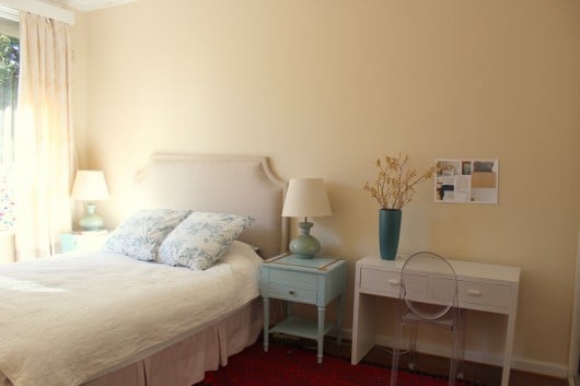 A beige bedroom before its stenciled feature wall. http://www.cuttingedgestencils.com/beads-wall-stencil-pattern.html