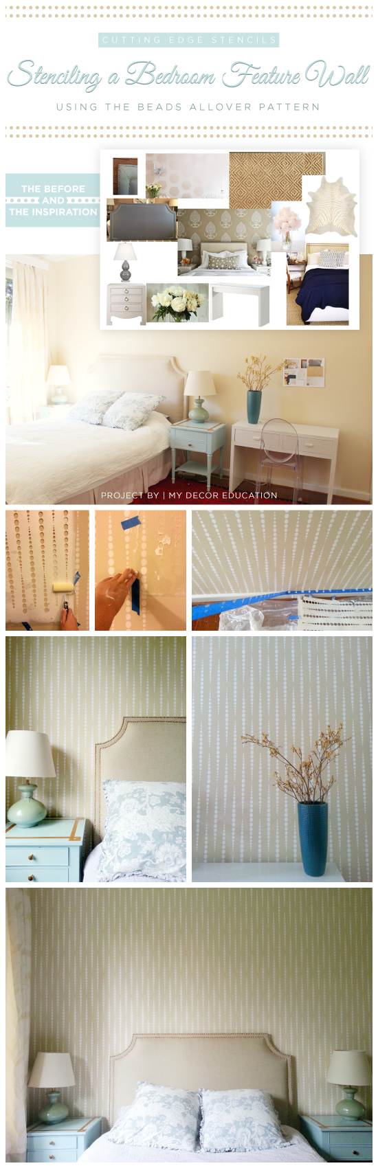 Cutting Edge Stencils shares a DIY stenciled bedroom using the Beads Allover pattern. http://www.cuttingedgestencils.com/beads-wall-stencil-pattern.html