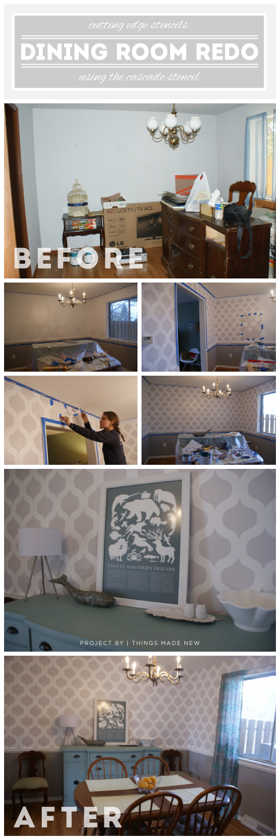 A DIY stenciled dining room using the Cascade Stencil for a wallpaper look. http://www.cuttingedgestencils.com/cascade-allover-stencil-pattern.html
