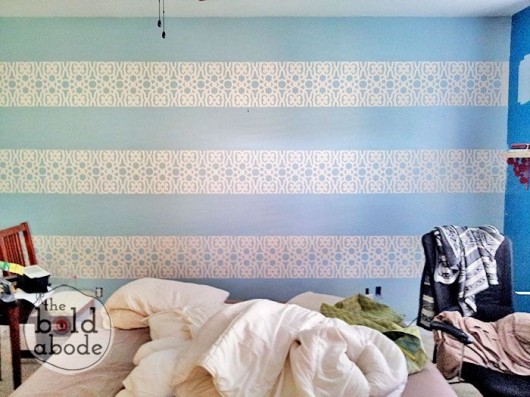 DIY stenciled stripes in a bedroom using the Covington Allover stencil pattern. http://www.cuttingedgestencils.com/stencil-stencils-covington.html