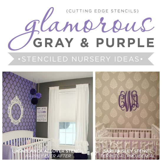 Cutting Edge Stencils shares glamorous gray and purple nursery ideas with stenciled accent walls.http://www.cuttingedgestencils.com/wall-stencils-stencil-designs.html