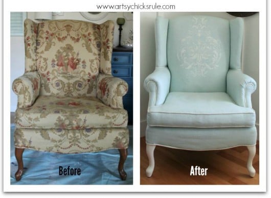 A DIY painted and stenciled upholstered chair using the Gabrielle Damask pattern. http://www.cuttingedgestencils.com/damask-stencil-3.html