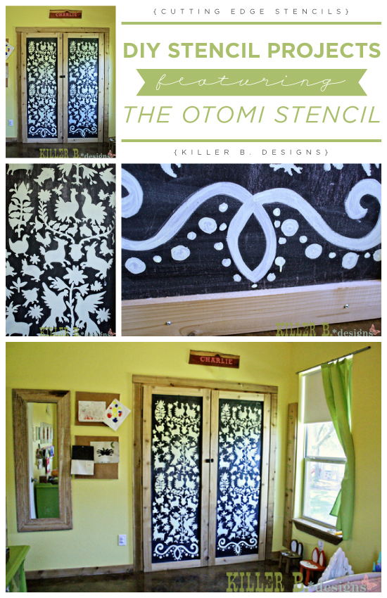 A DIY stenciled chalkboard closet using the Otomi Stencil. http://www.cuttingedgestencils.com/otomi-tribal-wall-pattern-stencil.html