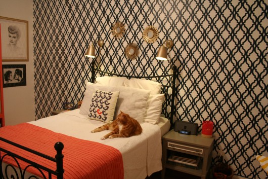 A DIY stenciled accent wall in a bedroom using the Tamara Trellis Allover pattern. http://www.cuttingedgestencils.com/tamara-trellis-allover-wall-stencils.html